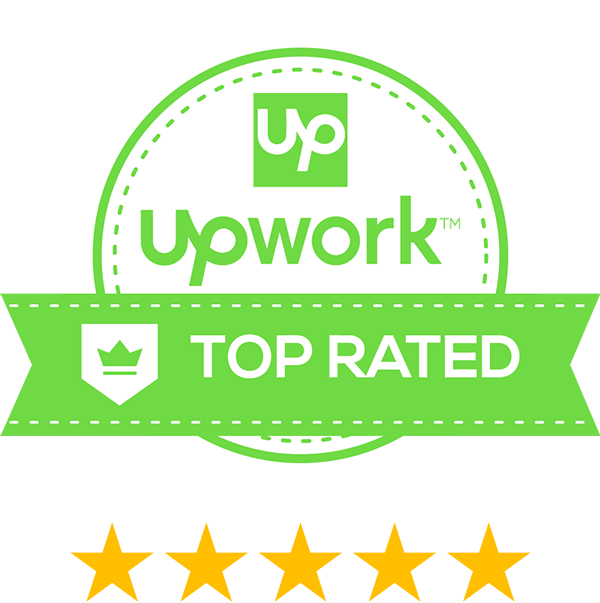 Green Upwork badge that says 'Top Rated' with a five-star rating at the bottom.
