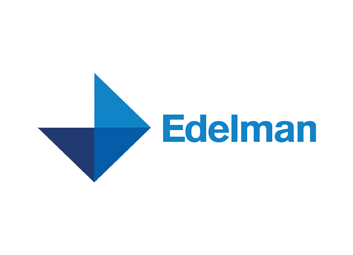 Edelman logo with a stylized geometric arrow design in shades of blue and gray.