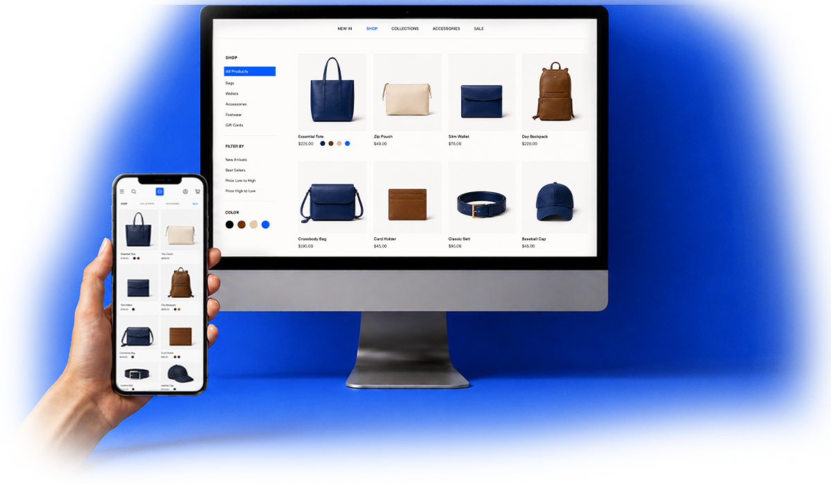 Computer and smartphone screens displaying an online store for bags and accessories against a blue background.