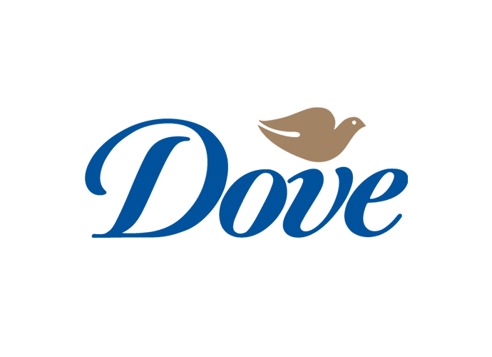 Dove logo with a stylized dove bird above the word 'Dove' in blue cursive on a black background.