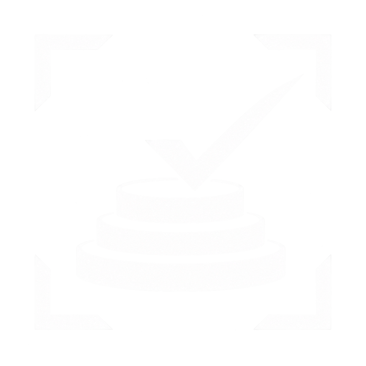 A stylized check mark icon placed above a tiered circular base, with corner brackets around the image, representing validation or approval.