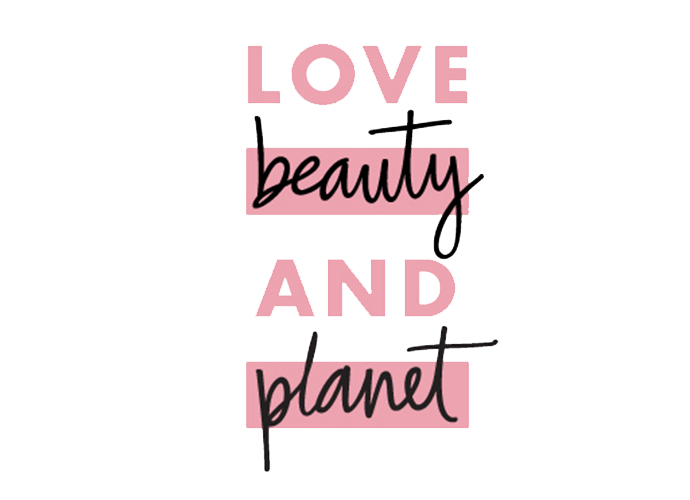 Decorative text saying 'Love beauty and planet' with pink and black lettering.