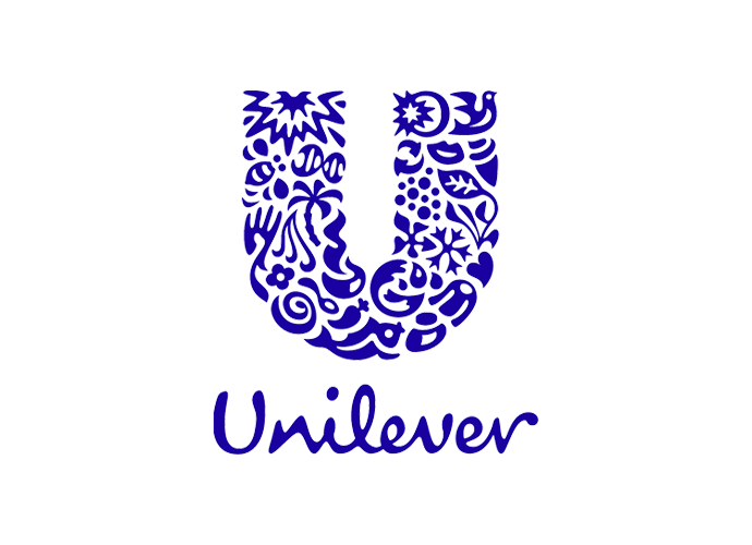 Unilever logo composed of various blue icons and symbols forming a large 'U' shape, with the word 'Unilever' written below.