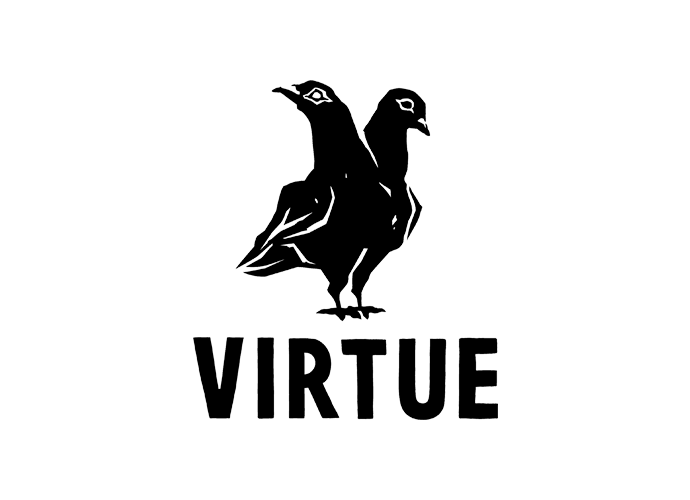 A logo featuring a stylized bird with two heads, standing above the word 'VIRTUE' in capital letters, on a black background.