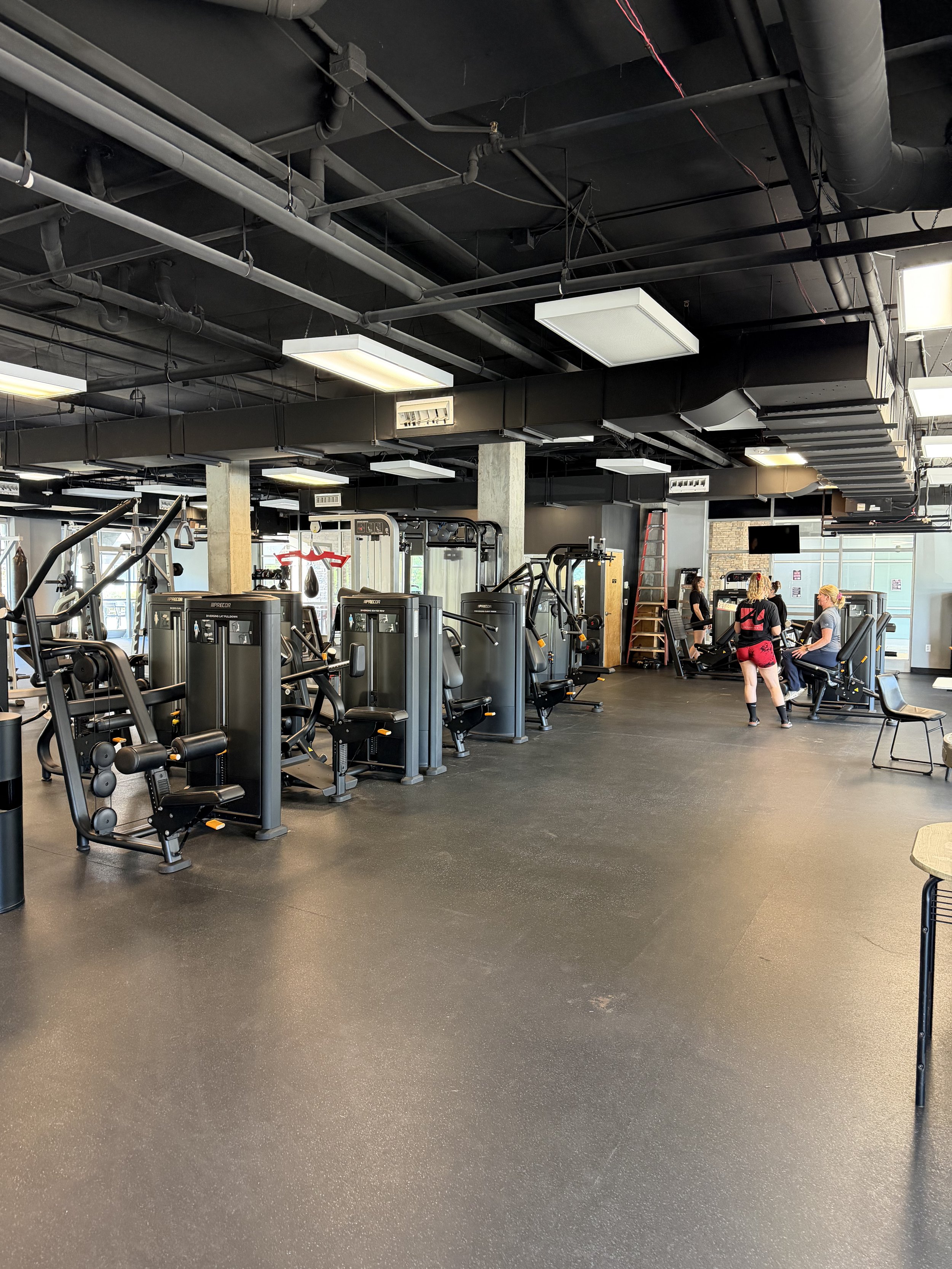 A gym with exercise equipment like treadmills and strength training machines. Two women are chatting near the equipment, with one in a pink and black workout outfit and the other in gray. The gym has black walls, exposed pipes, and large windows letting in natural light.