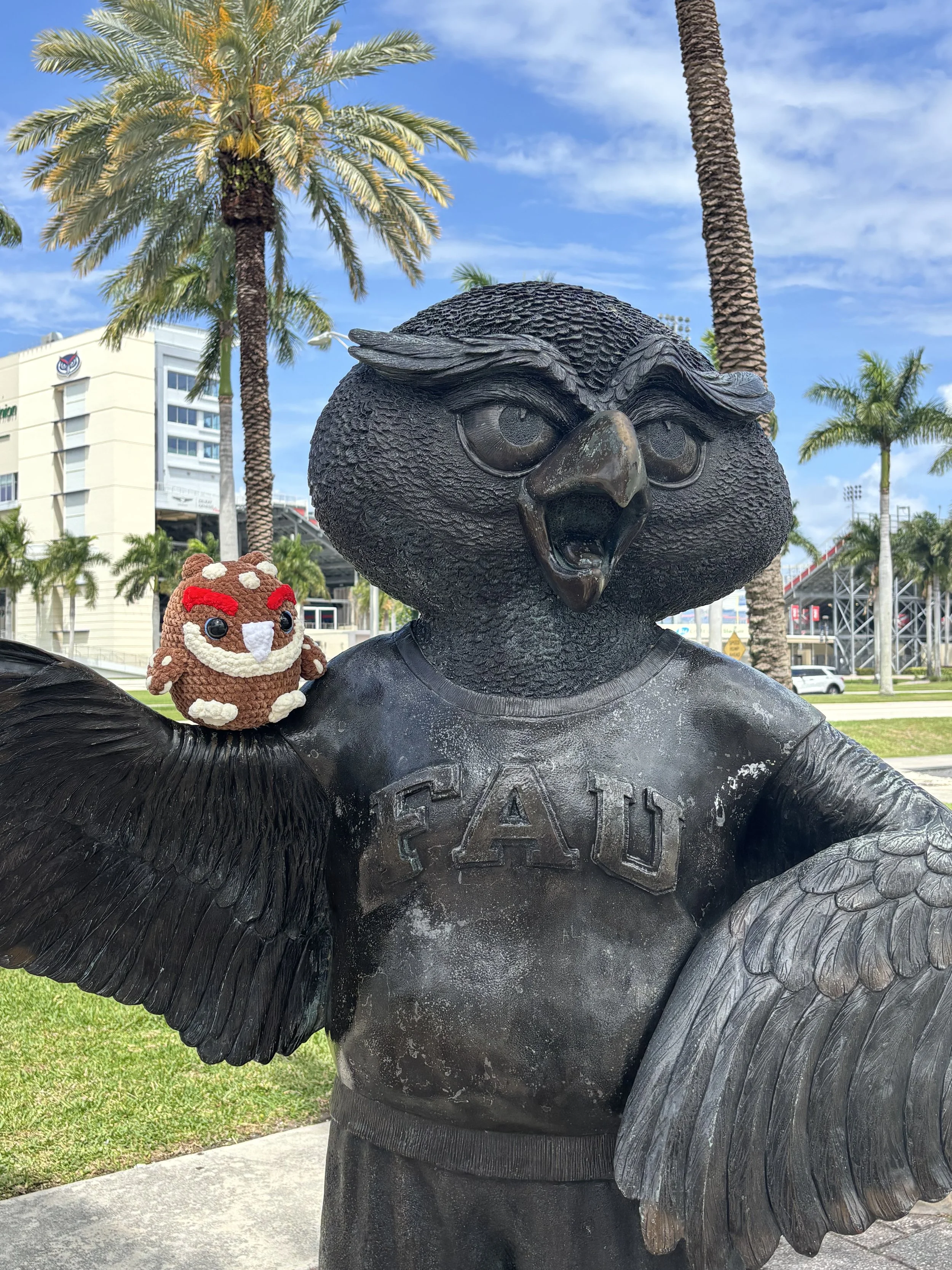 Crochet Owlsley on Owlsley Statue.jpg