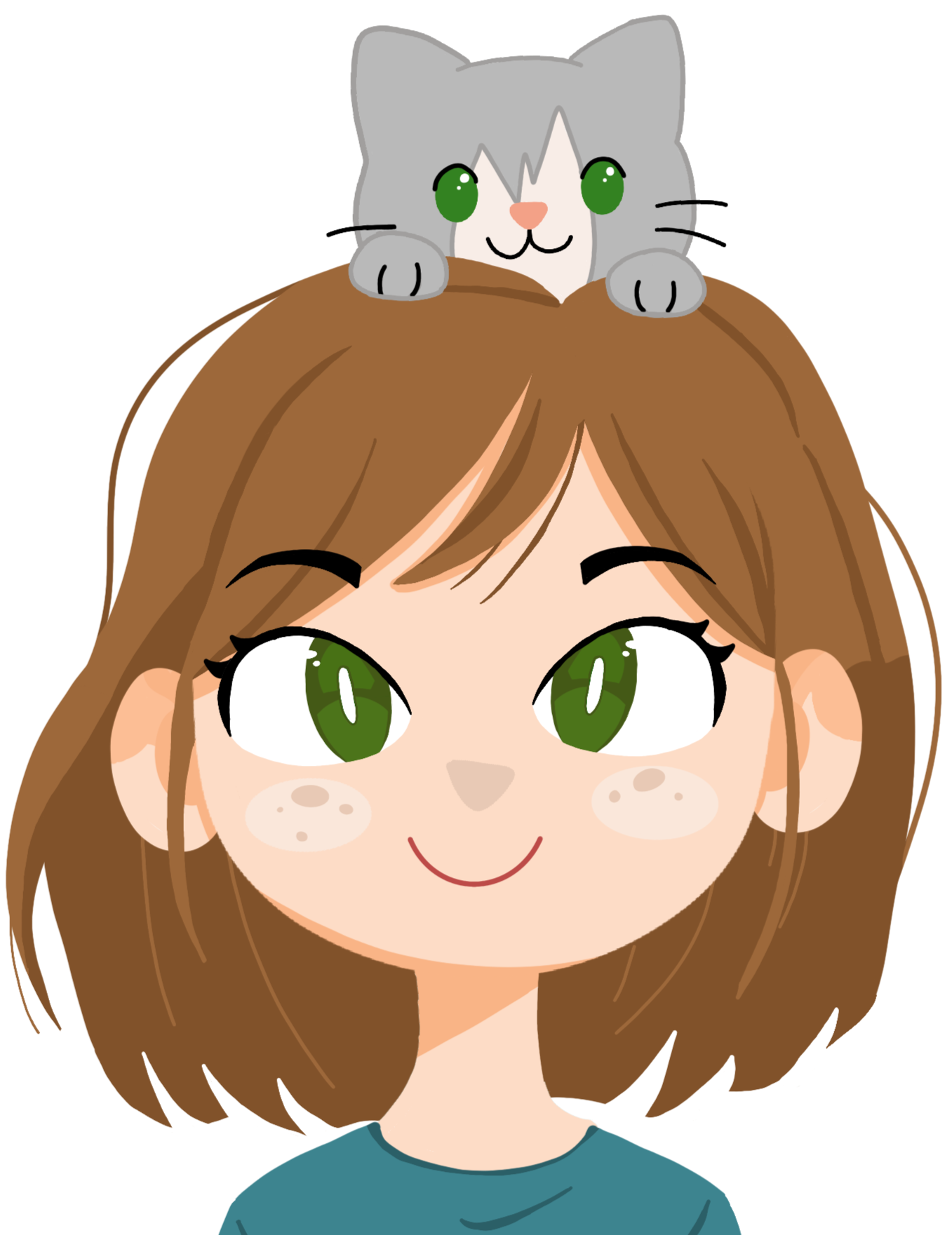 Cartoon girl with brown hair and green eyes, smiling, with a gray and white kitten on her head
