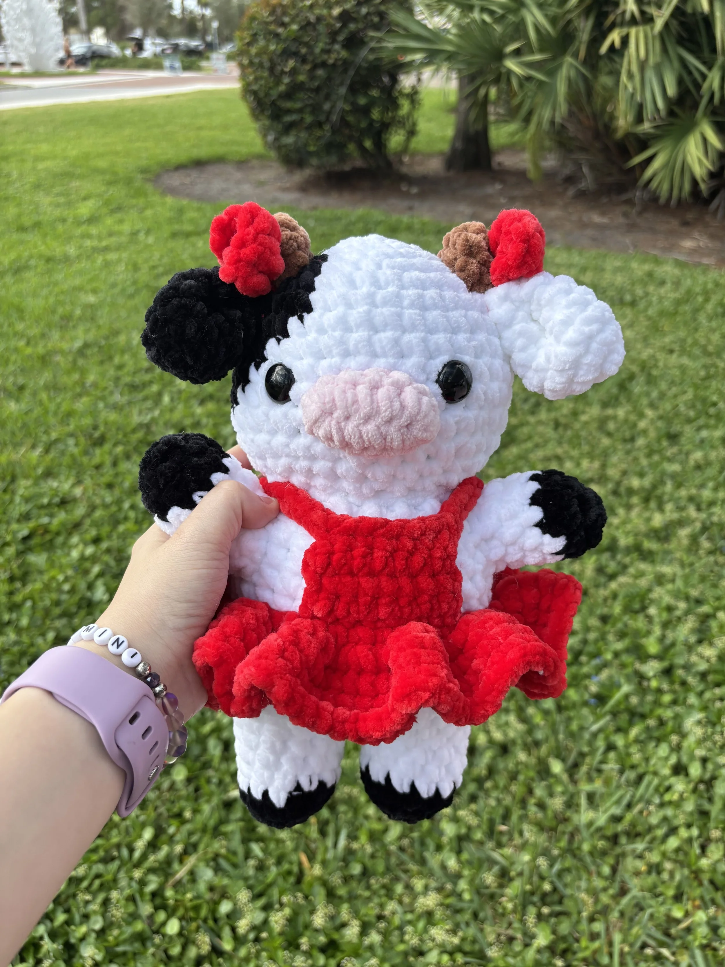 Crochet Cow in a Dress by Stitchedblooms. Handmade crochet item. Cows, bows, dress, plushie, black and white cow