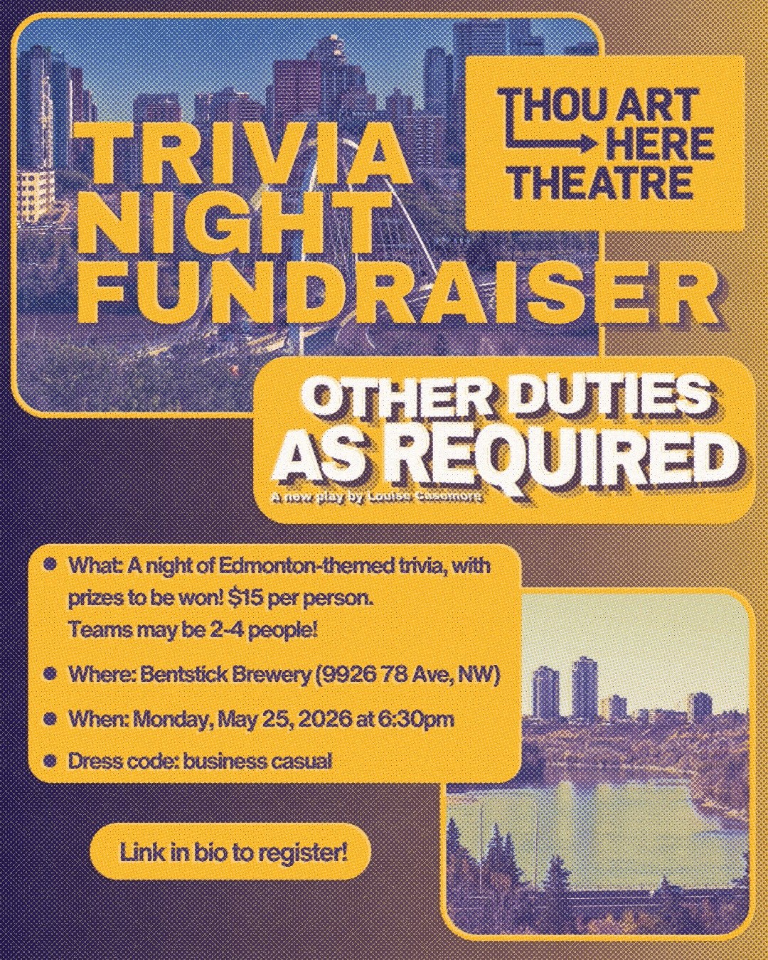 Are you an expert on Edmonton?

Join us for a corporate-themed night of hyper-local trivia and cathartic destruction. On May 25th, Thou Art Here will be hosting a trivia fundraiser for the staged site-specific reading of Other Duties As Required by L