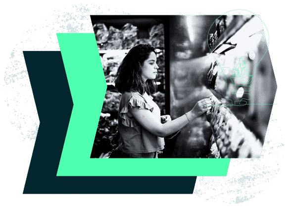A girl interacting with a touchscreen or display in a digital or futuristic setting.
