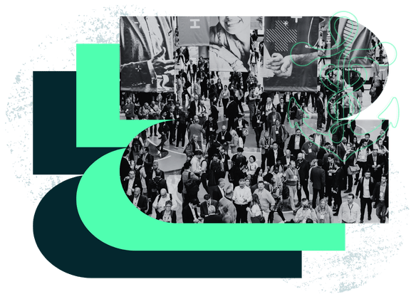 A collage of images showing a large crowd of people at a conference with some illustrations and digital graphics layered on top.