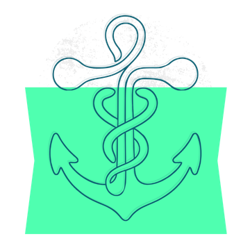 Line drawing of a ship's anchor wrapped in a caduceus snake staff, set against a bright green geometric background.