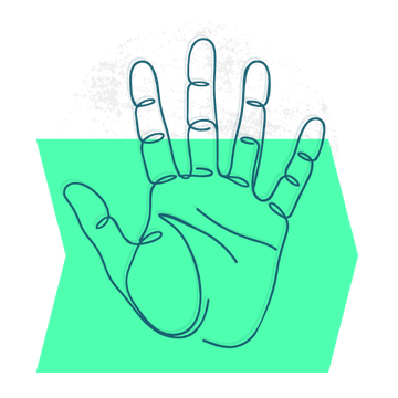 Minimalist line drawing of an open human hand, set against a bright green geometric background.