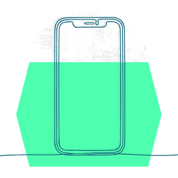Line drawing of a smartphone, set against a bright green geometric background.