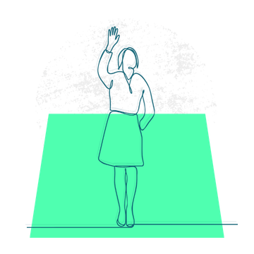 Abstract single line illustration of a person in feminine business attire raising their hand with a background featuring bright geometric shapes.