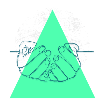 Line drawing of two hands clasped together in support, set against a bright green geometric background.