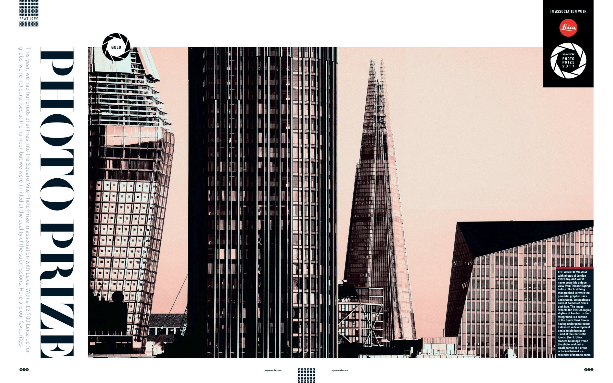 Cityscape featuring high-rise buildings with modern architecture against a light sky. Includes text about a photo prize and logos for Leica and Square Mile.