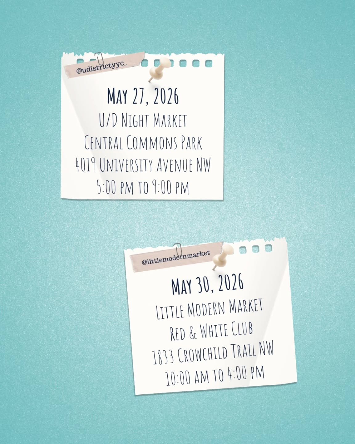 I have two markets to look forward to in May!

University District Night Market
May 27, 5:00 pm to 9:00 pm
Central Commons Park

Little Modern Market
May 30, 10:00 am to 4:00 pm
Red &amp; White Club

#yycmarkets #calgarymarkets #yycevents #calgaryeve