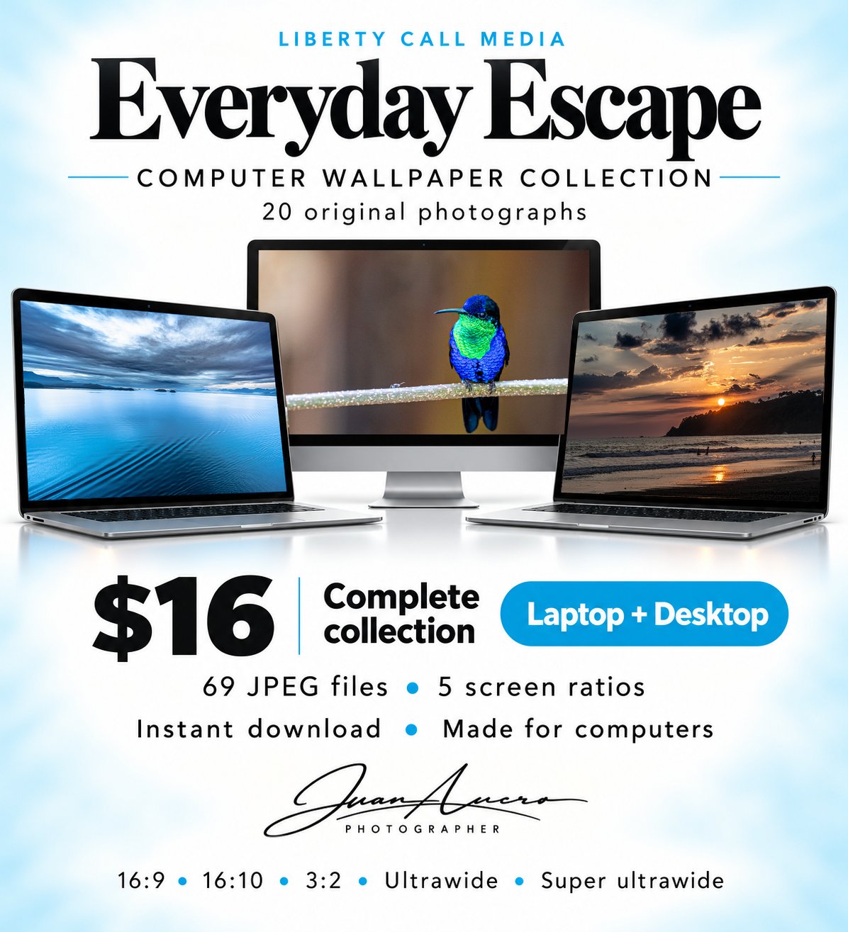 Preview of the Everyday Escape computer wallpaper collection, with hummingbird, Alaska seascape, and beach sunset photographs on laptop and desktop screens