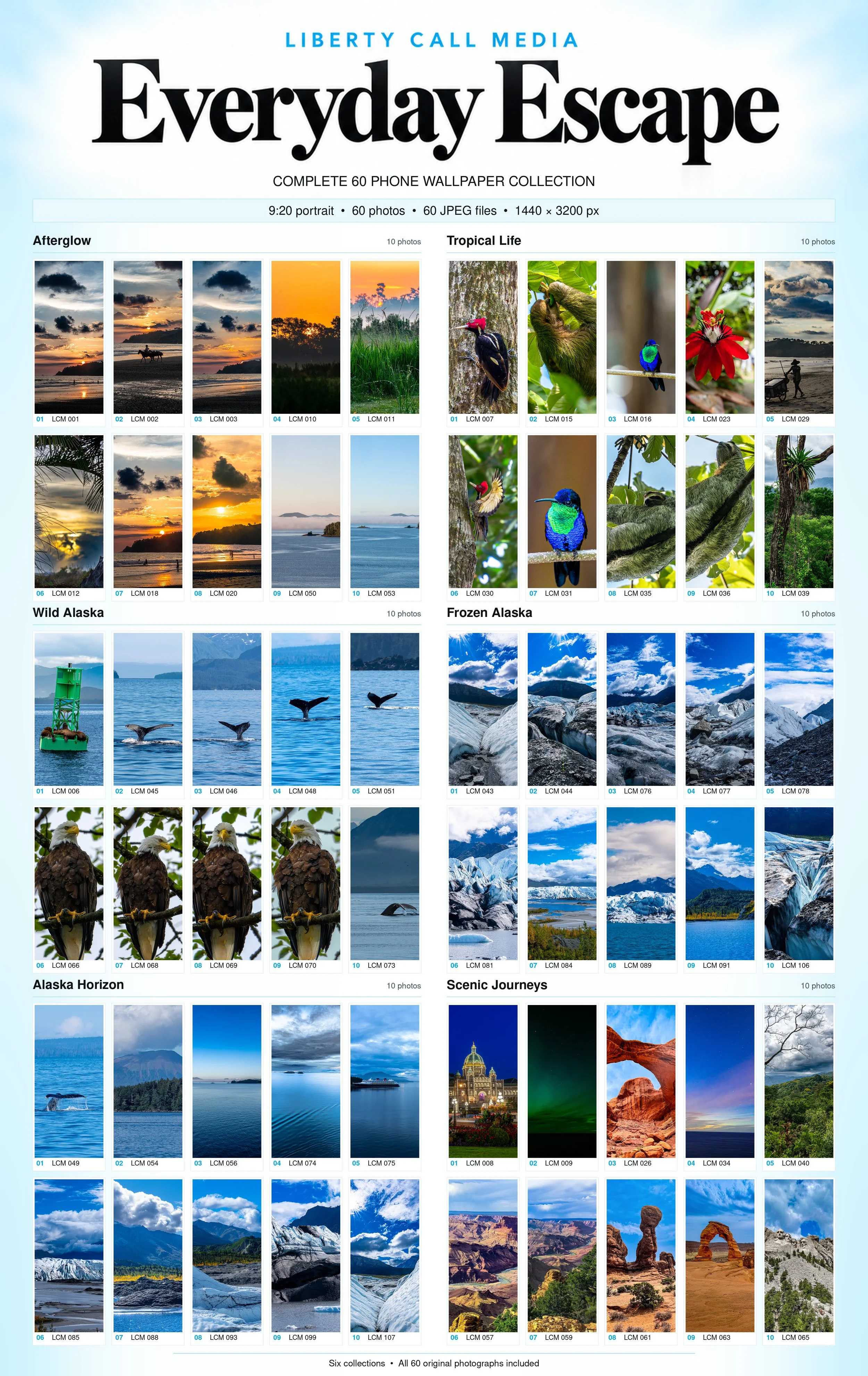 All 60 phone wallpaper photographs, grouped into six collections, in 9:20 portrait format