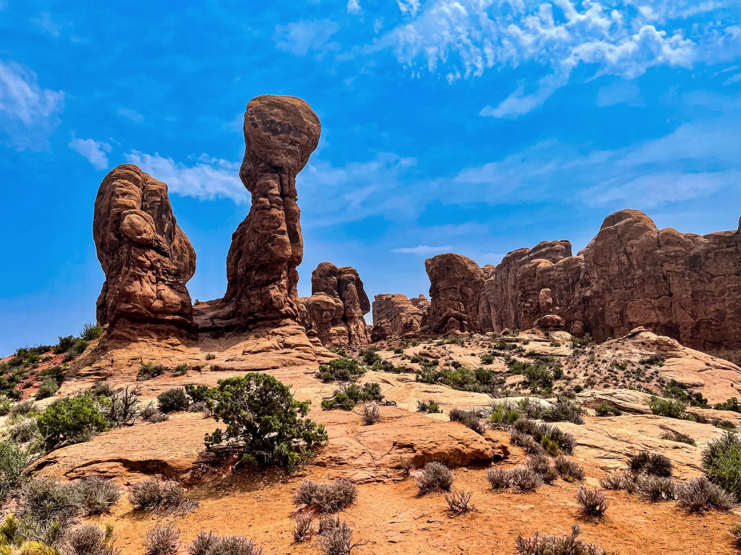 Tall sandstone pillars and balanced rock formations in a scrubby desert