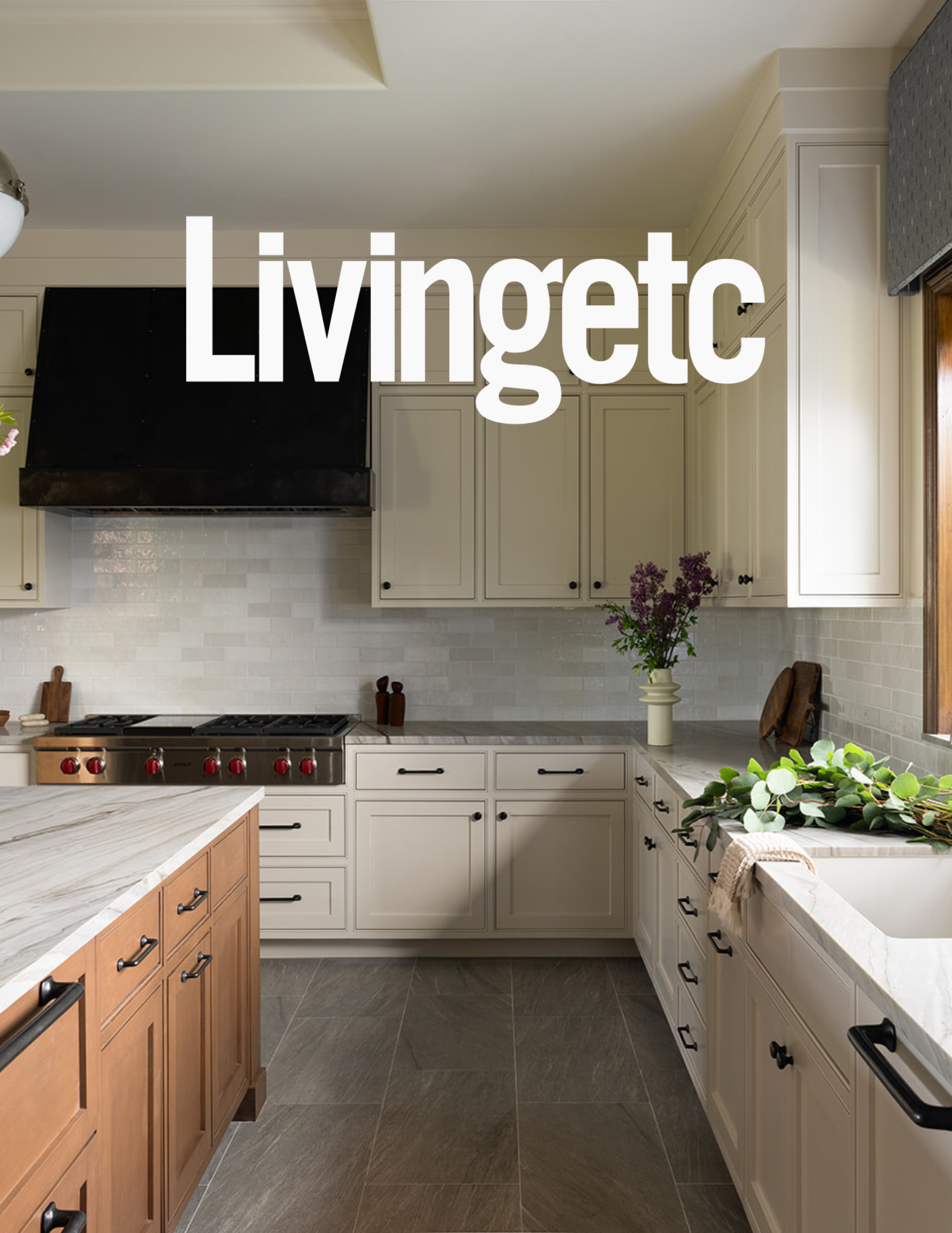Transitional kitchen with neutral and stained wood cabinets with Livingetc logo