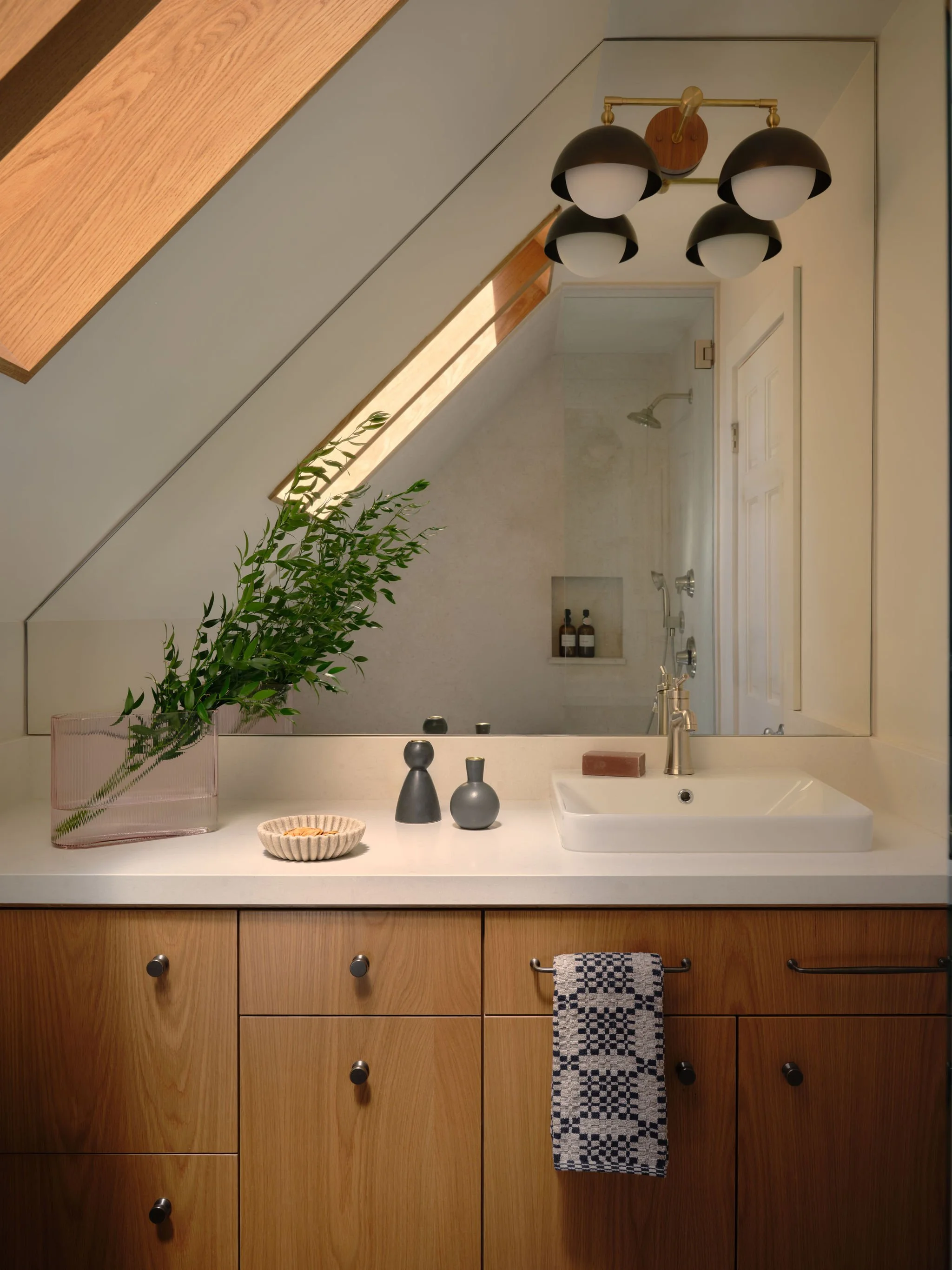 Small Tahoe Bathroom Oak Vanity Skylight Wood Shower Modern by Andrea Lackie Design