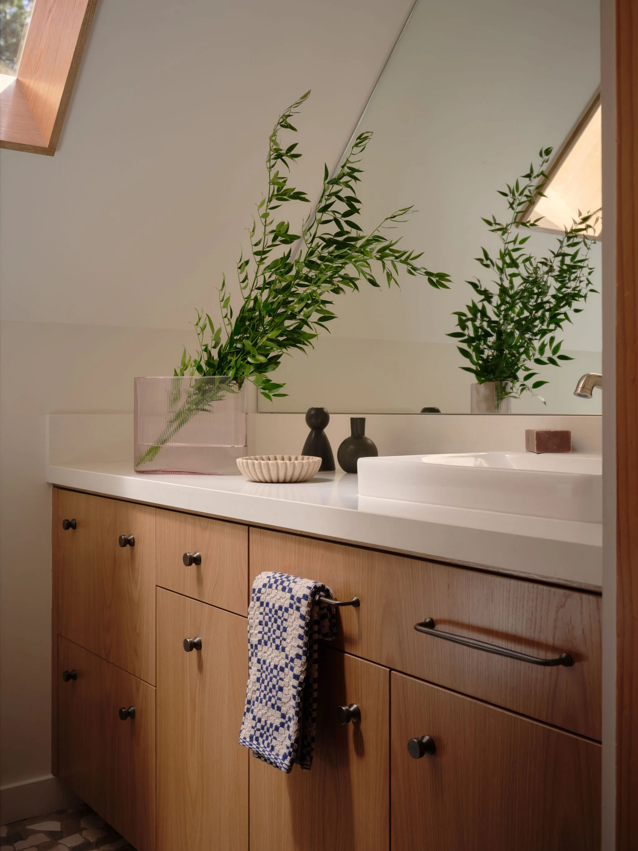 Small Tahoe Bathroom Oak Vanity Skylight Wood Modern by Andrea Lackie Design