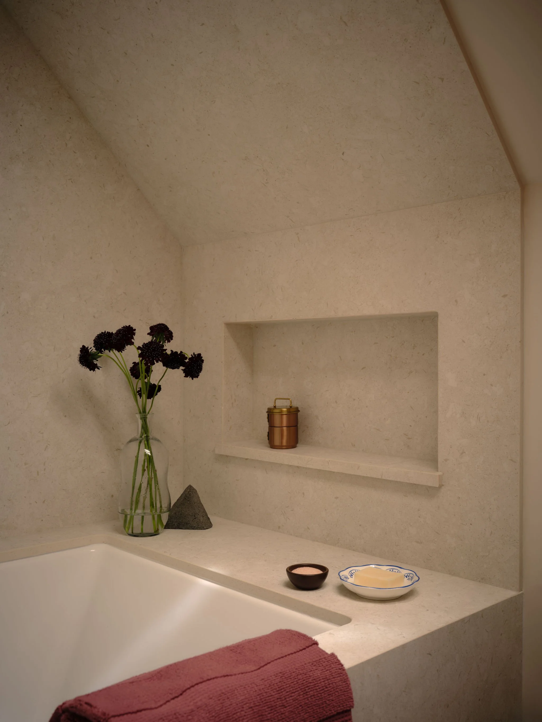 Small Tahoe Bathroom Angled Ceiling tub niche Modern by Andrea Lackie Design