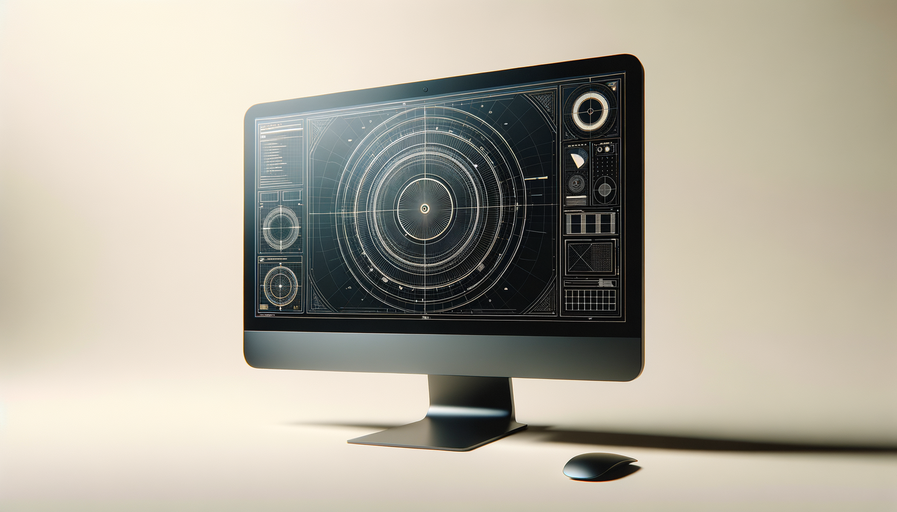 A computer monitor displaying a futuristic interface with geometric patterns and data visualizations.