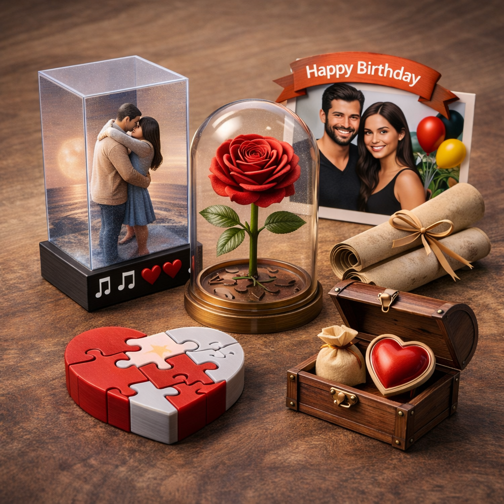 A collection of romantic and birthday-themed items on a wooden surface, including a couple's photo with a "Happy Birthday" banner, a red rose under glass, a puzzle heart, a miniature treasure chest with a red heart inside, rolled scrolls tied with ribbon, a photo of a couple embracing at sunset, and a small bag of gifts.