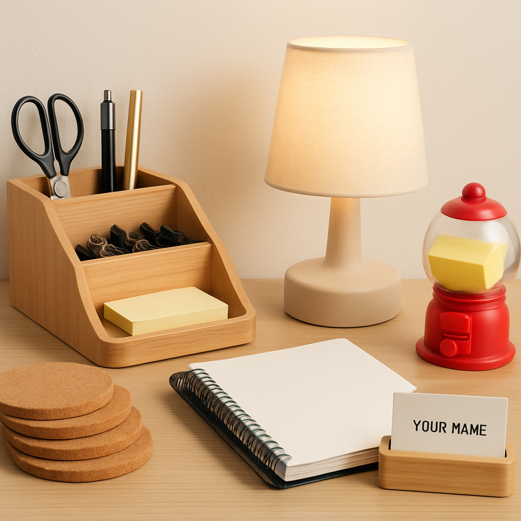 Desk with office supplies, a lamp, a gumball machine filled with sticky notes, and a small stack of coasters on a wooden surface.