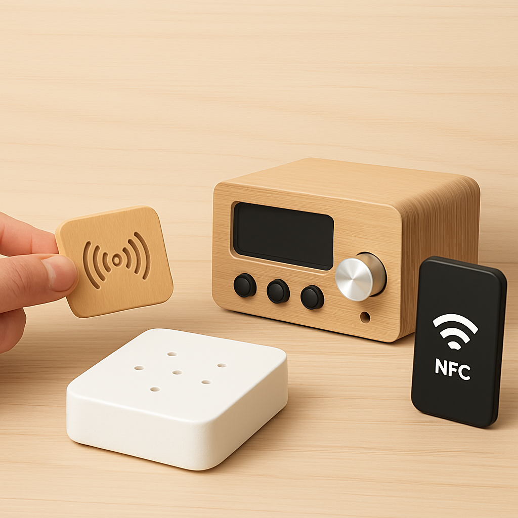 A hand holds a wooden NFC card near a smart speaker or clock, with other NFC tags and a black NFC device nearby on a light wooden surface.