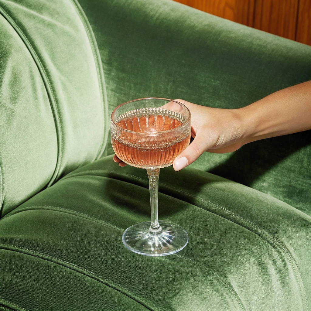 Hand holding a glass of pink champagne on a green velvet couch.