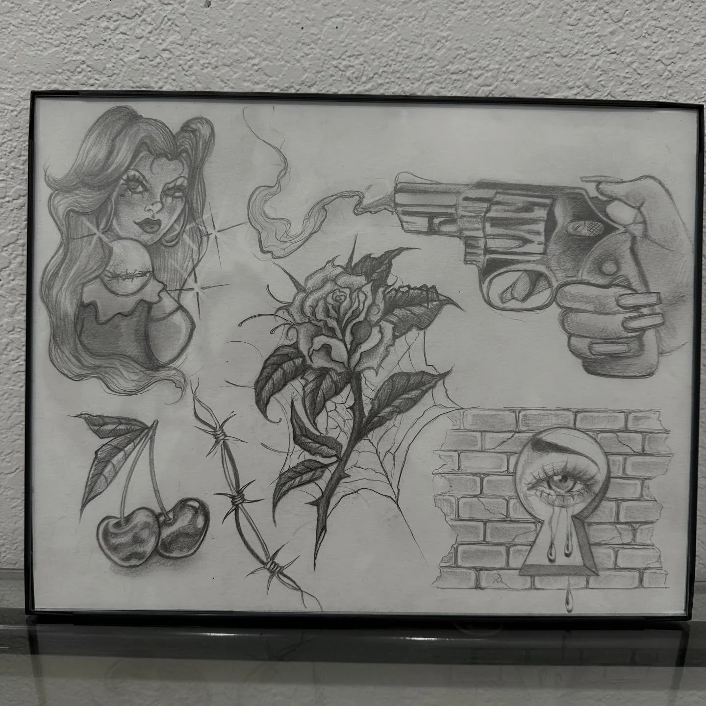 This week&rsquo;s flash 🥀 
available at Blood and Beauty 
1461 N Blackstone 

.
.
.
.
.
#sketch #flash #tattoos #blackandgrey #chicana #rose #revolver