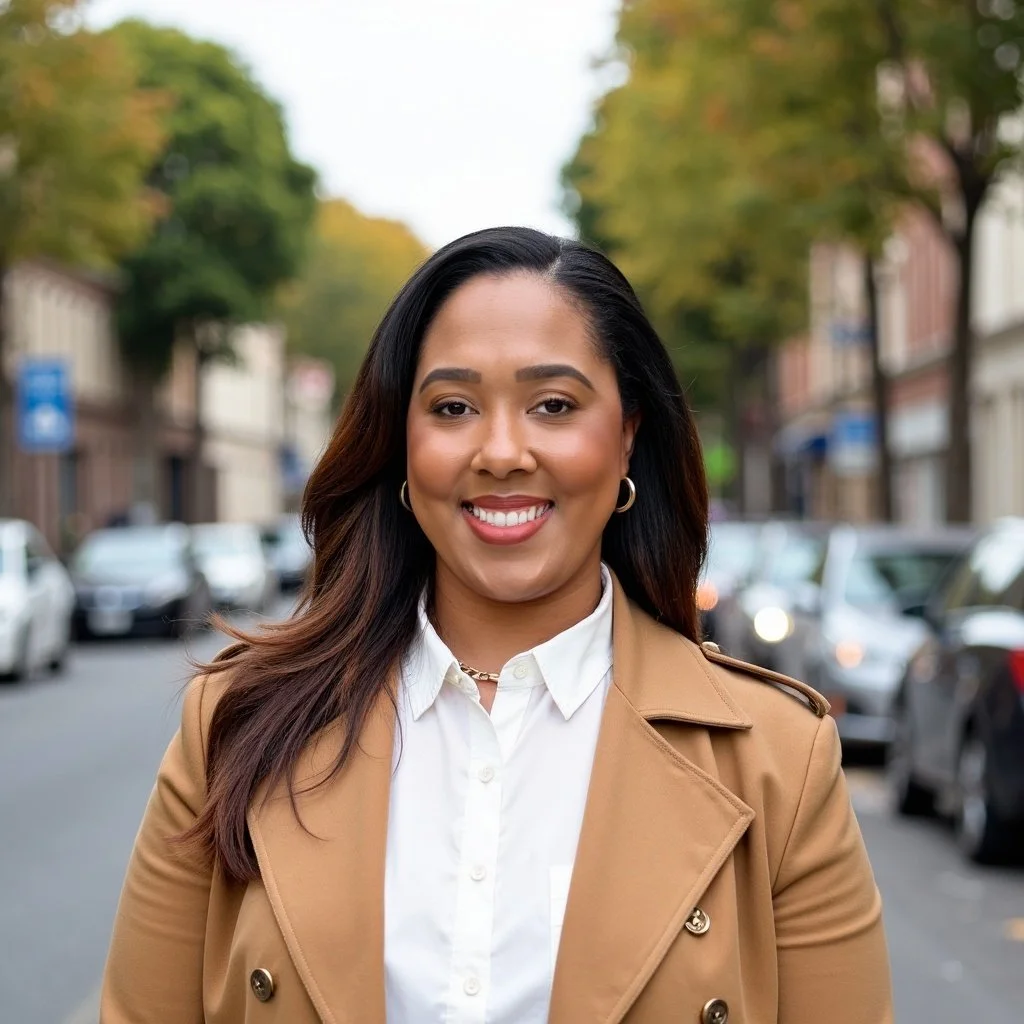 A young woman with long, dark hair smiling outdoors on a city street with parked cars and trees in the background.
