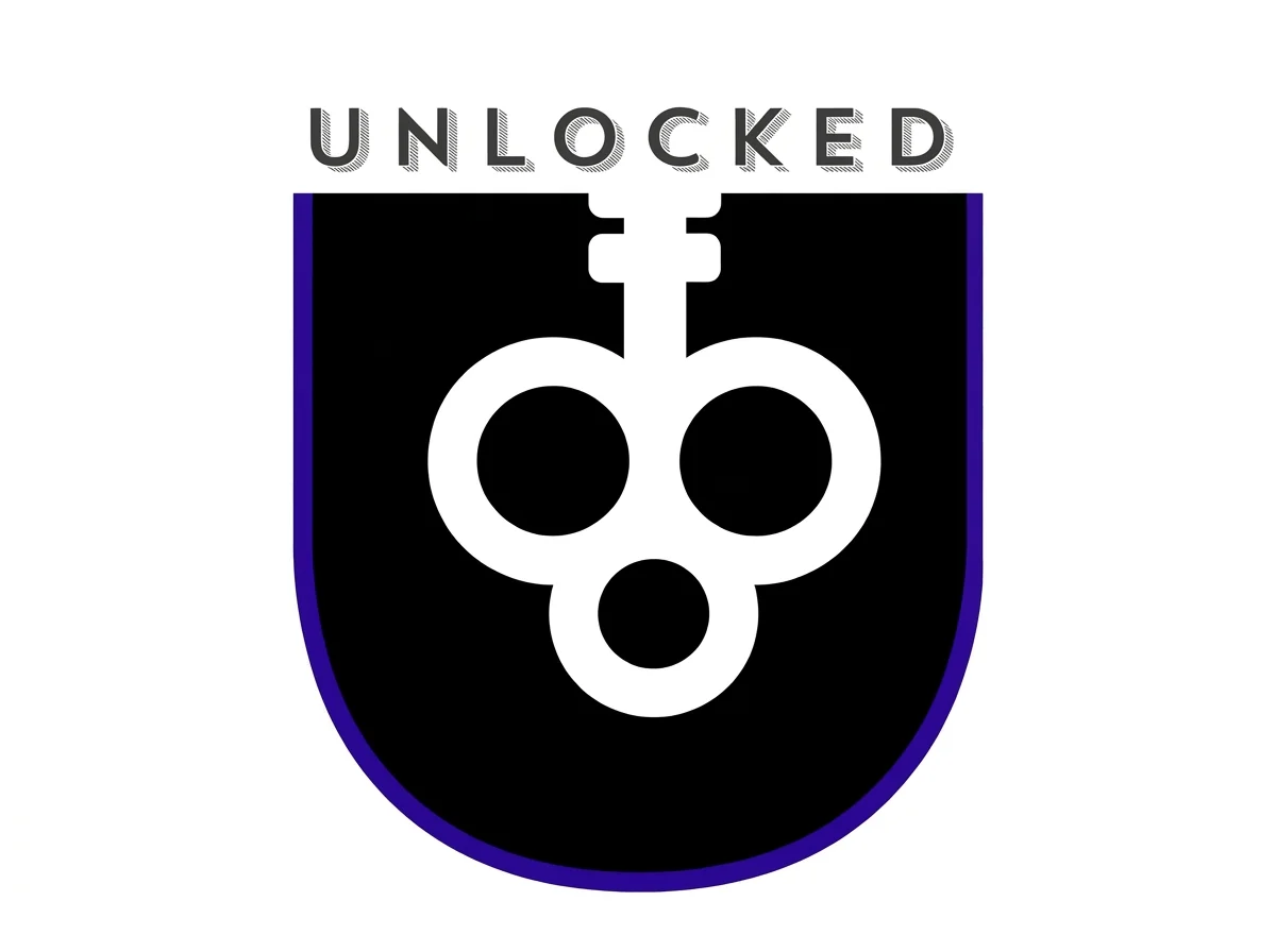 A black badge with a purple border, featuring a white skull symbol made of scissors, and the word 'UNLOCKED' written above.