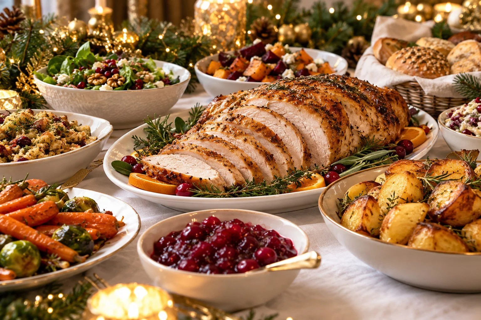 Illustrative Christmas buffet with roast turkey and festive sides