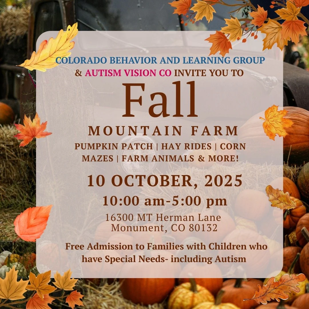 Join us with Autism Vision of Colorado at @fallmountainfarmco this Friday for a day full of Autumn activities. From Pumpkin Patches to Hay Rides, there is something for everyone, and remember: families with special needs individuals get free admissio