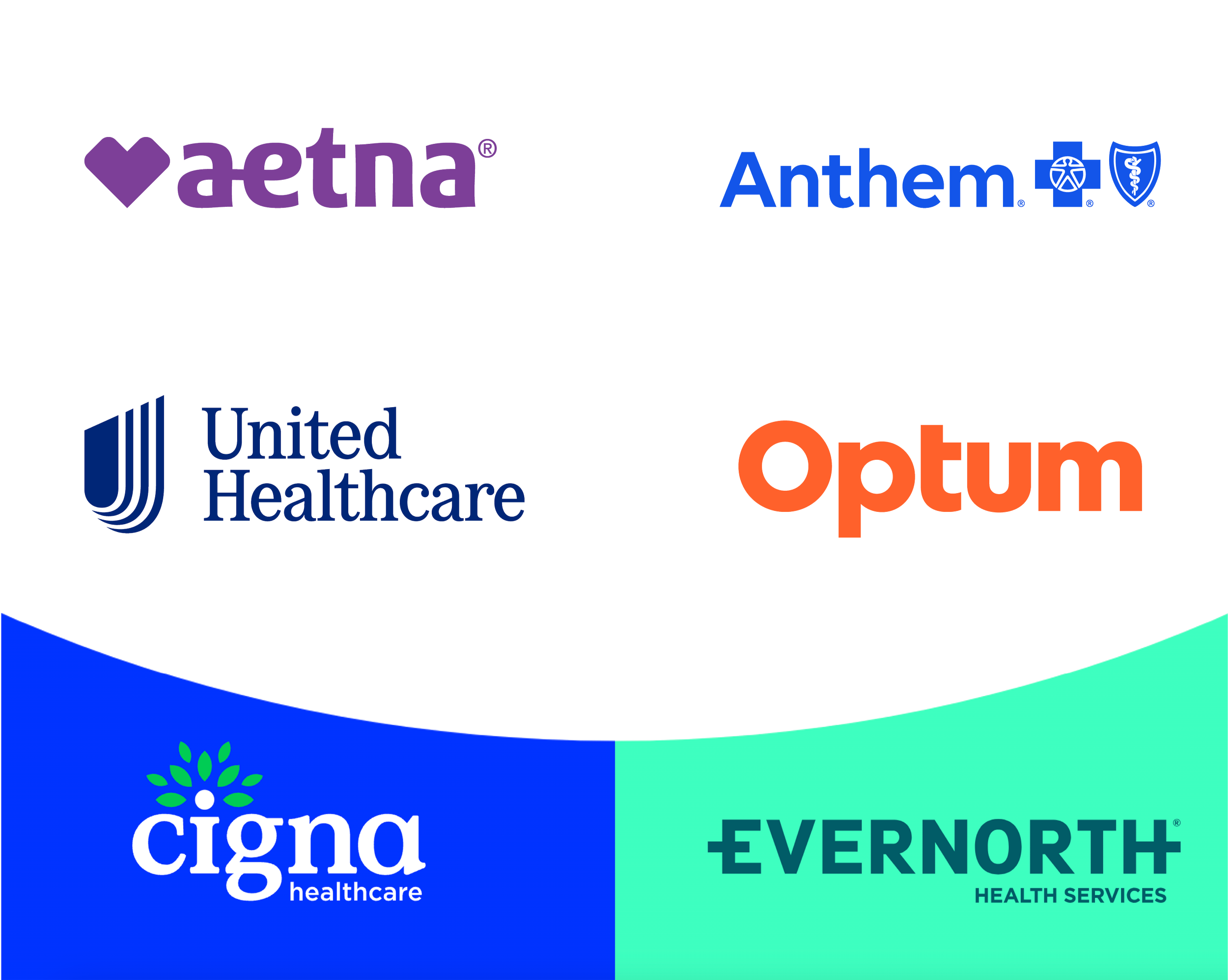 image of all the logos of accepted insurances which are Aetna, Anthem/BCBS, Cigna/Evernorth, and United/Optum