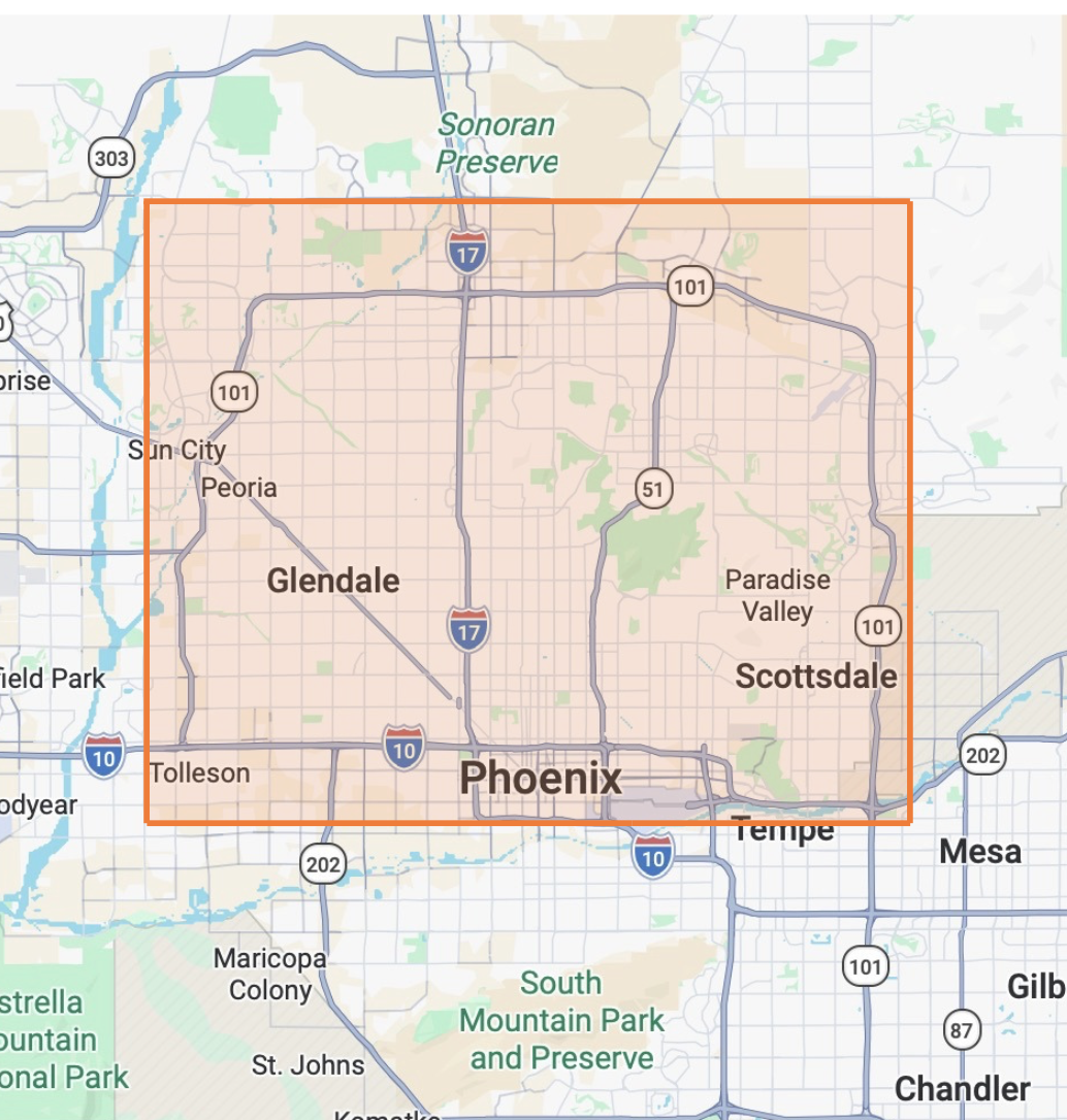 Map showing the Phoenix metropolitan area including cities such as Glendale, Scottsdale, Tempe, and surrounding highways.