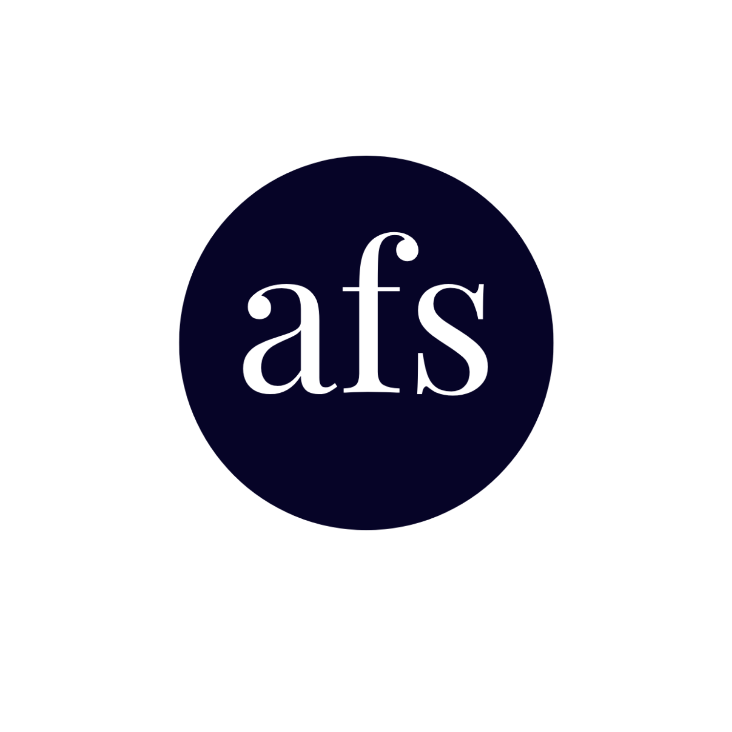 Black background with a blue circle in the center containing the white lowercase letters 'afs'
