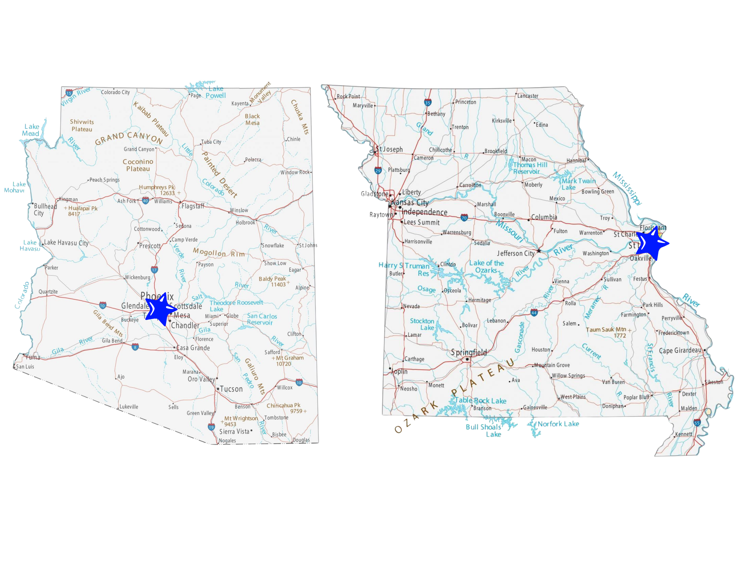 Arizona and Missouri service area maps showing pediatric occupational therapy services in the Phoenix area and parent and behavior coaching services in the St. Louis area.