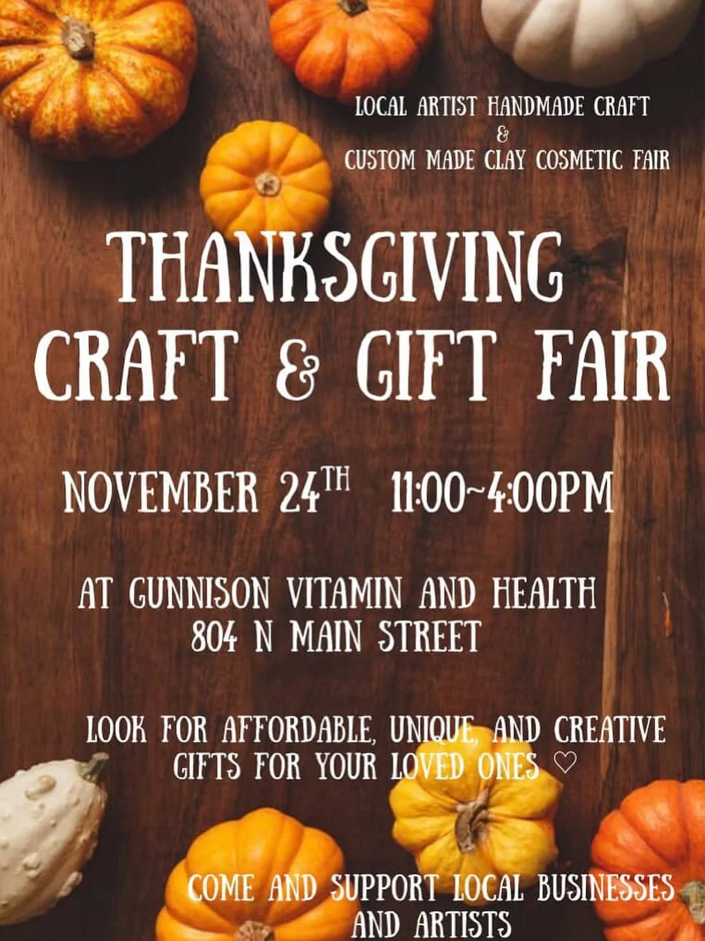 🎁 We&rsquo;re excited to host @yucoeco888 and friends for a Thanksgiving Craft &amp; Gift Fair!!! 🎁 Stop by @gunnisonvitamin on Monday, November 24th from 11 am to 4 pm to shop all the unique, locally made goodies. @gunnisonvitamin will provide F R