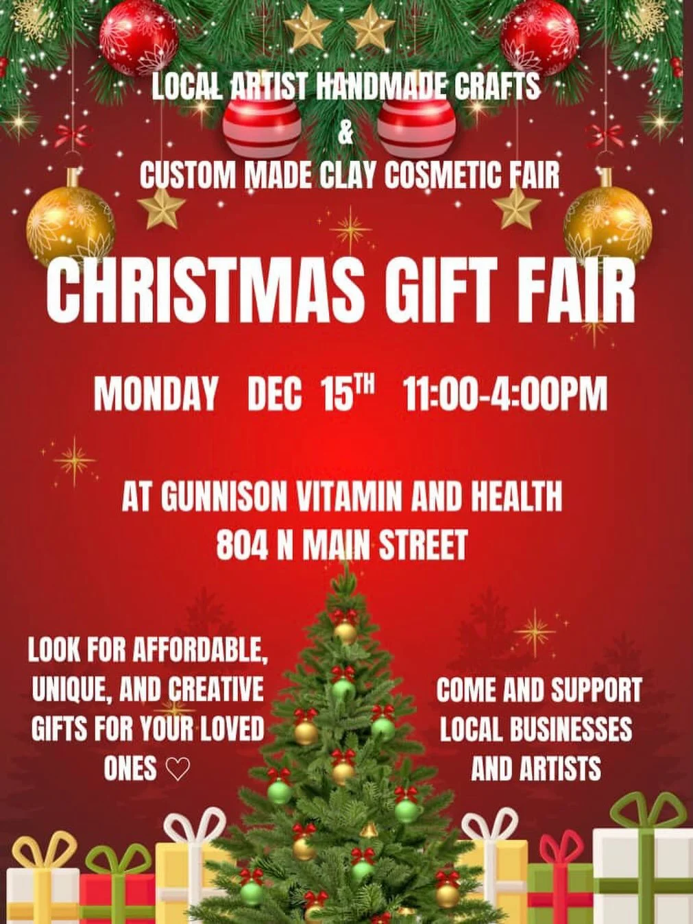 🎁 It&rsquo;s time for a Christmas Craft &amp; Gift Fair!!! 🎁 Stop by @gunnisonvitamin on Monday, December 15th from 11 am to 4 pm to shop all the unique, locally made goodies. @gunnisonvitamin will provide F R E E coffee, tea and hot chocolate for 