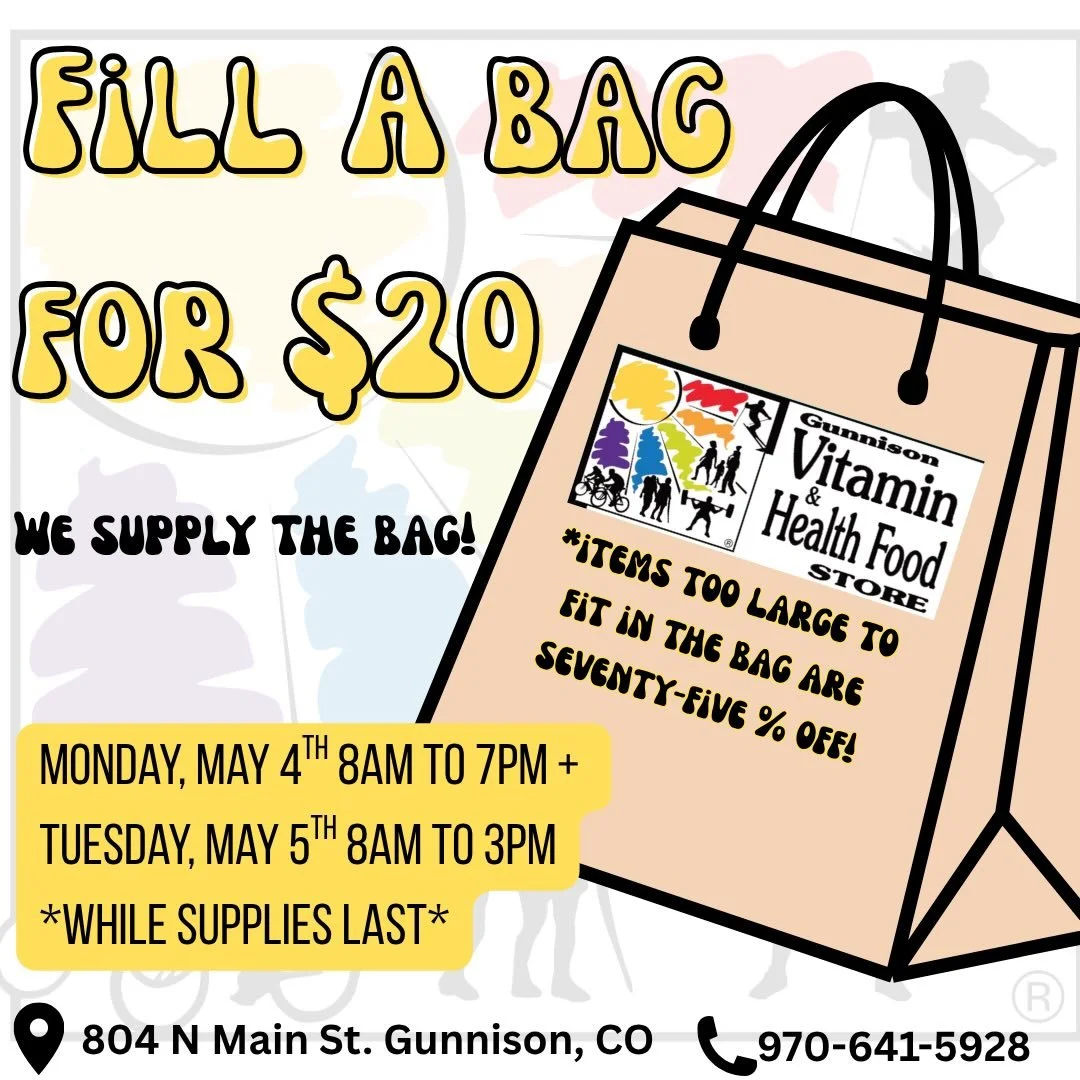 We&rsquo;re open for a couple more days to try to move the last of our inventory!!! Stop by @gunnisonvitamin Monday &amp; Tuesday to fill a bag (that we provide) for just $20! Things too big to fit in the bag are now 75% off. While most of our grocer