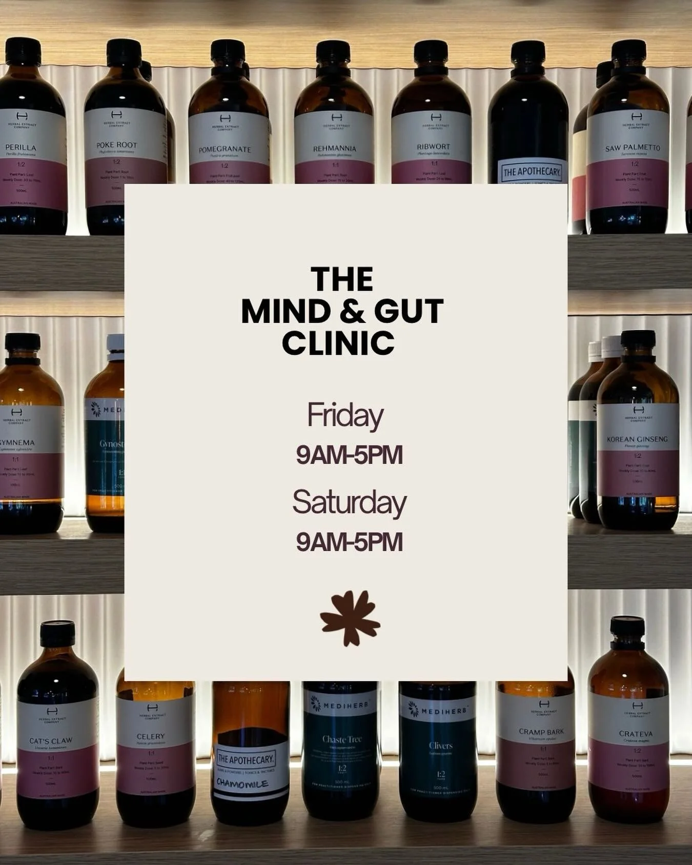 New consulting hours &amp; location: 

The Mind &amp; Gut Clinic - Currumbin Valley 
9am - 5pm Friday &amp; Saturday 

The Mind &amp; Gut Clinic houses a walk-in herbal dispensary- this means you can pop in for quality, practitioner-grade herbs witho