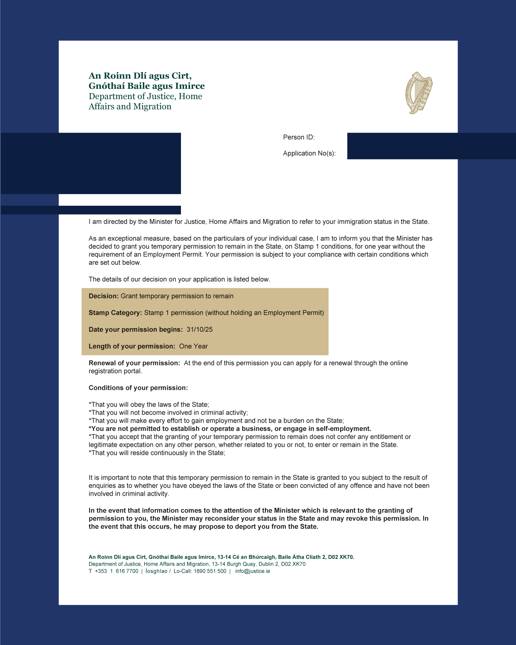 Official Irish immigration document from the Department of Justice, Home Affairs, and Migration, with text in Irish and English, including a gold harp symbol, and details about a temporary stay permit.