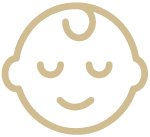 Simple line drawing of a smiling baby face with closed eyes