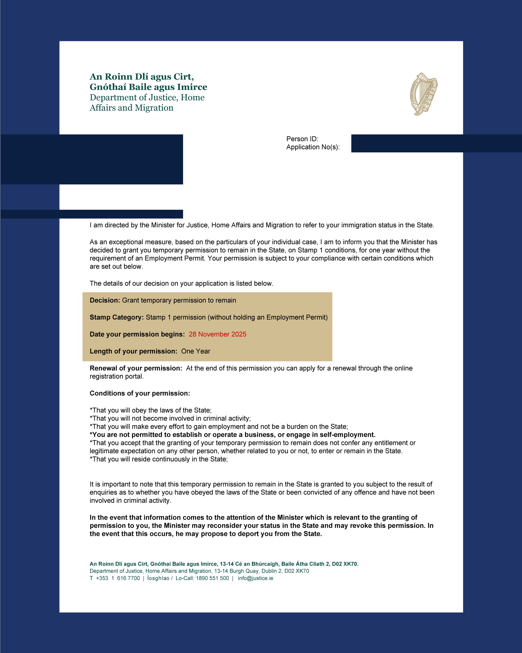 Official Irish immigration permit document granting temporary permission to remain in Ireland for one year, beginning November 28, 2025, issued by the Department of Justice, Home Affairs and Migration.